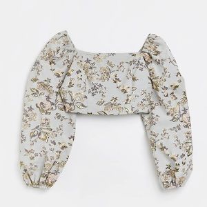 NWT River Island Grey Embroidered Puff Sleeve Top sz US 12